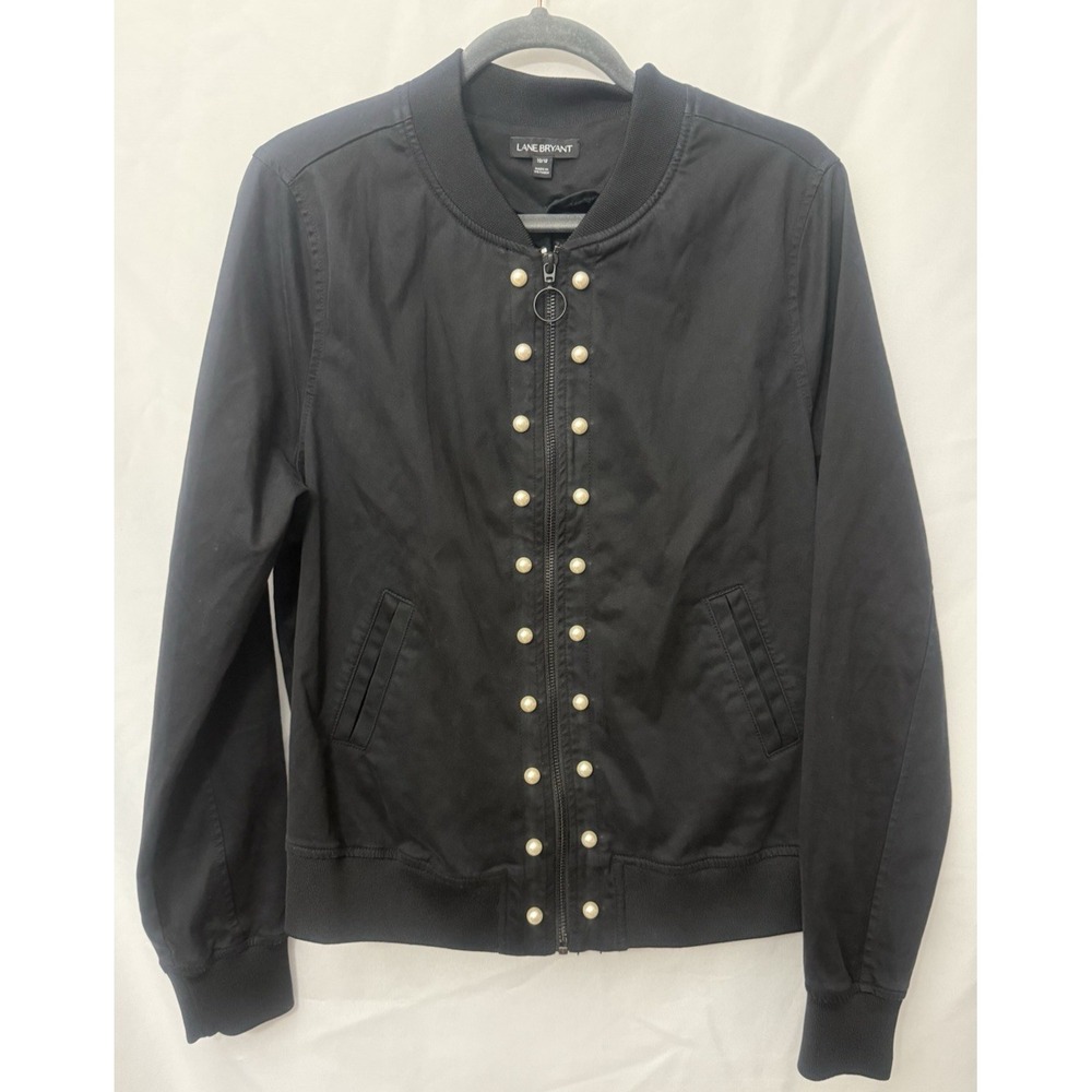 Lane Bryant Pearl Studded Ruched Bomber Jacket Slight Fade Black Size‎ 10/12